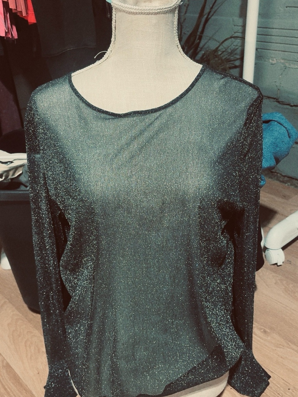 Victoria's Secret Black Metallic Sheer Long-Sleeve Tee